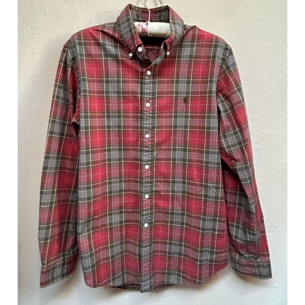 Ralph Lauren Men Medium Button-Down Plaid Shirt Long Sleeve Custom Fit Red/Green